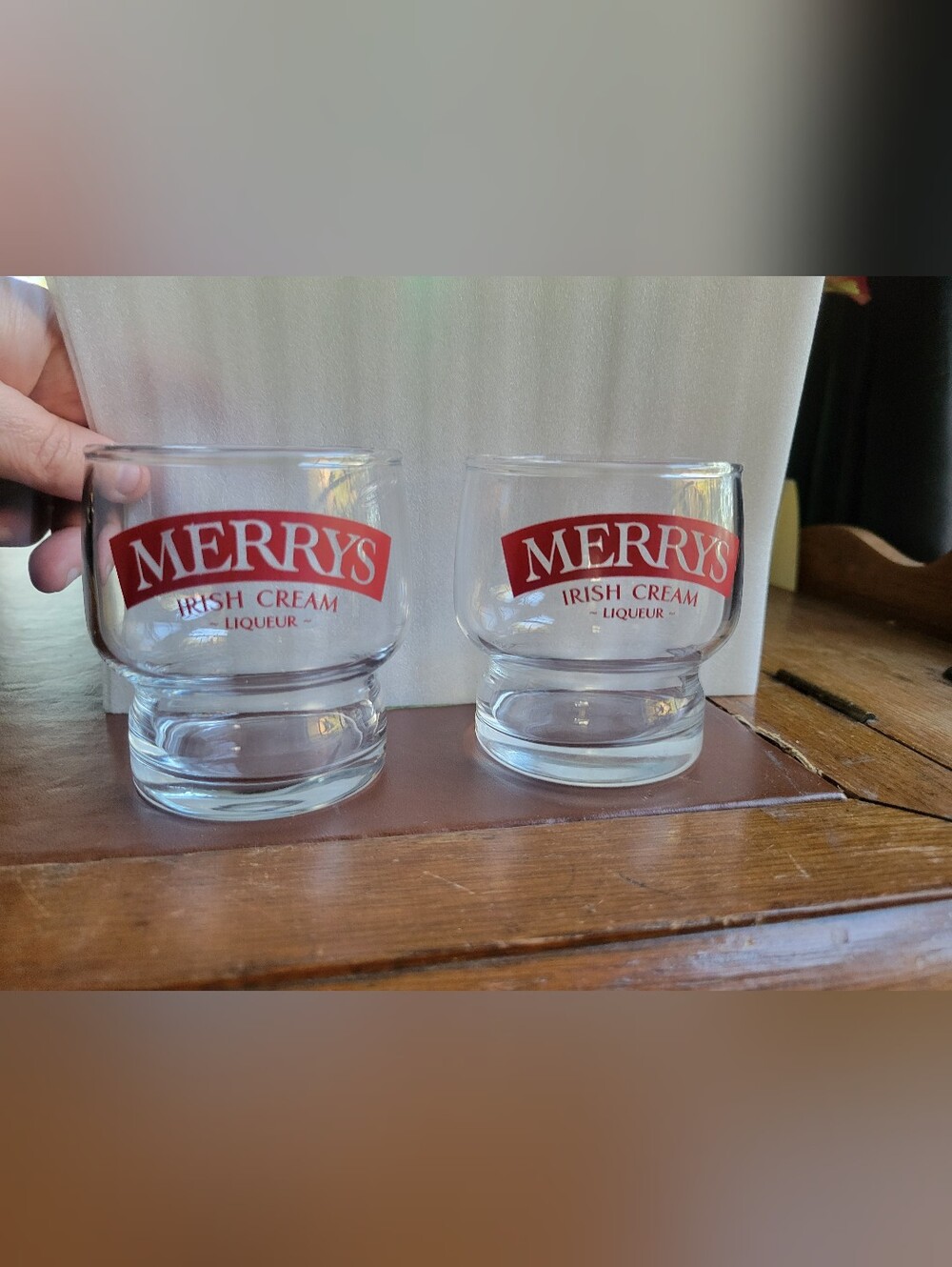 Vintage Set of 2 Merry's Irish Cream Liqueur 6 oz Rocks Glasses Red Logo Barware